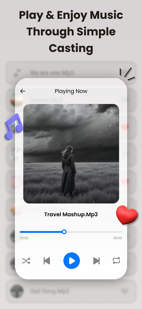 Smart View TV Screen Mirroring - Interfaccia dell'app Smart View che mostra la riproduzione musicale e le funzionalità di trasmissione.
