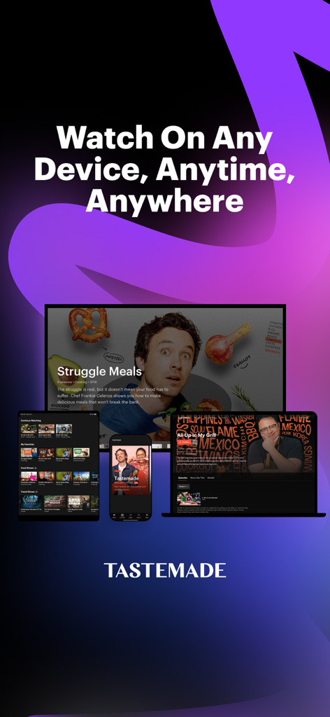 Interface do aplicativo Tastemade exibida em telas de televisão, laptop, tablet e smartphone
