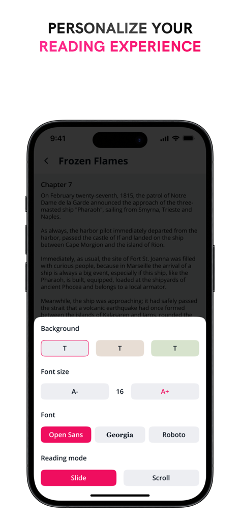 Epicbooks Romantic Novels - A smartphone showing the Epicbooks app personalization menu with settings for background color, font size, font style, and reading mode.