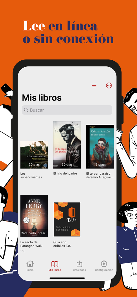 Captura de pantalla de la app móvil eBiblio que muestra la sección Mis Libros con varias portadas de libros digitales prestados y los días restantes del préstamo.