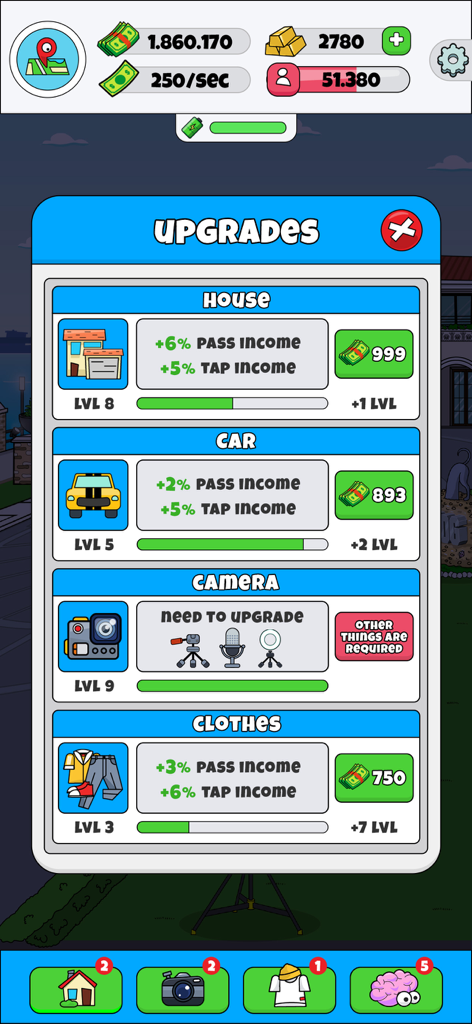 Lamar - Idle Vlogger - In game upgrade menu for house car camera and clothes in Lamar Idle Vlogger
