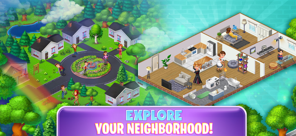 Split screen view showing the neighborhood exploration and detailed interior house layout in Virtual Families Our New Home.