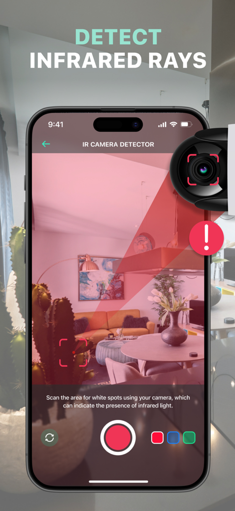 Hidden Camera Spy Bug Detector - Interface do aplicativo Hidden Camera Spy Bug Detector mostrando detecção de raio infravermelho em uma sala de estar.