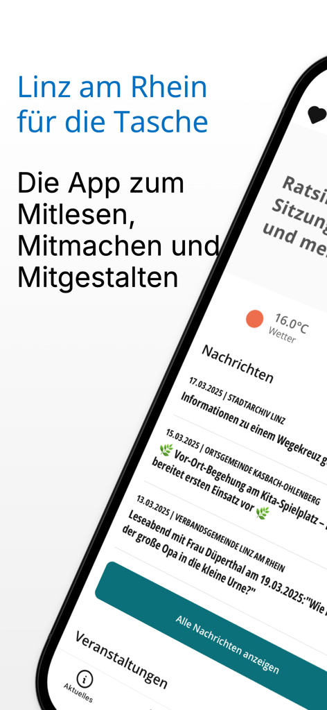 Interface do aplicativo móvel Meine Region Linz mostrando notícias locais e informações meteorológicas