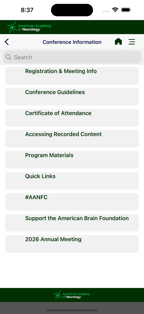 Menú de información de la conferencia en la aplicación Conferencias AAN que muestra enlaces a materiales de registro y programa.