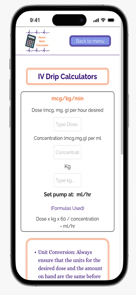 Nurse Math Calculator - Interfaz de la aplicación móvil Calculadora de Matemáticas para Enfermería que muestra una calculadora de goteo IV para mcg kg min con fórmulas paso a paso