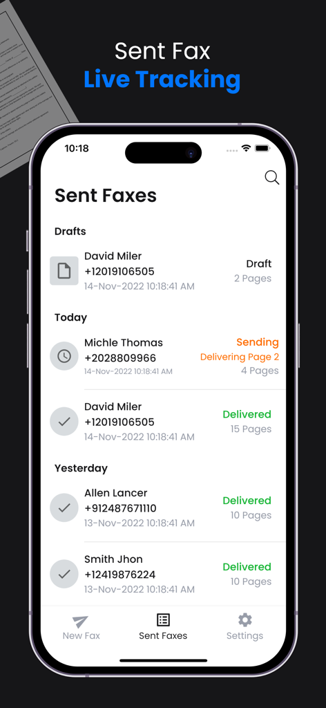 Fax Unlimited - Send Fax - Interface of Fax Unlimited app displaying a list of sent faxes with real time delivery status tracking