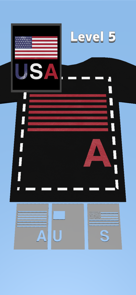 Masking Print - A mobile game screen from Masking Print showing a USA flag design on a black t-shirt.