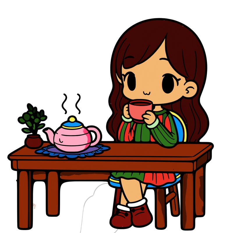 a girl drinking tea at a table with a teapot on the table