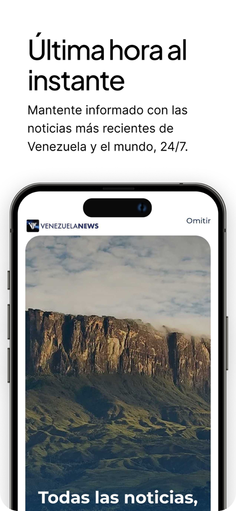 Venezuela News App - Interface of the Venezuela News app on a mobile device showing breaking news headlines in Spanish.