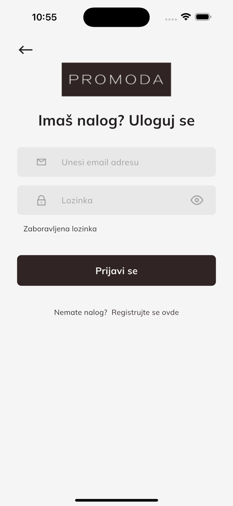 Pantalla de inicio de sesión de la aplicación móvil Promoda para comprar moda de hombre.