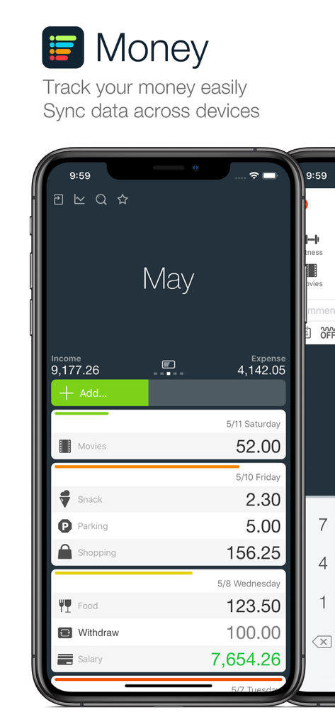 Money - Track easily - Main screen of the Money app on iPhone showing income, expenses, and budget status