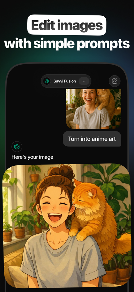 Savvi AI가 텍스트 프롬프트를 사용하여 여성과 고양이 사진을 애니메이션 일러스트로 변환하는 스크린샷