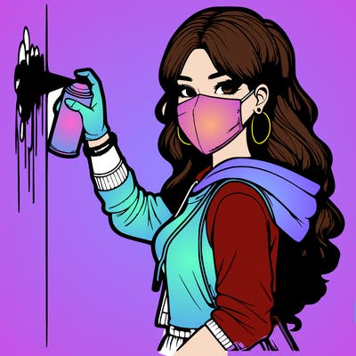 realistic girl with mask spray painting a wall