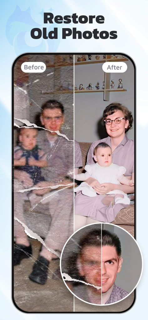 Before and after comparison of a damaged vintage photo restored using EnhanceFox AI technology