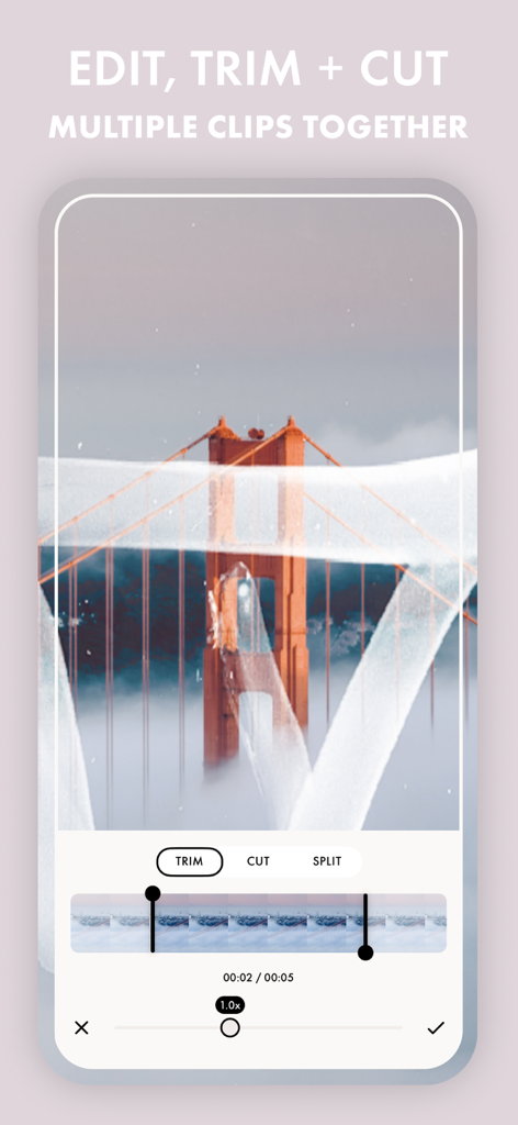 Filmm: One-Tap Video Editor - Interface do aplicativo Filmm mostrando recursos de corte e edição de vídeo em um clipe cinematográfico
