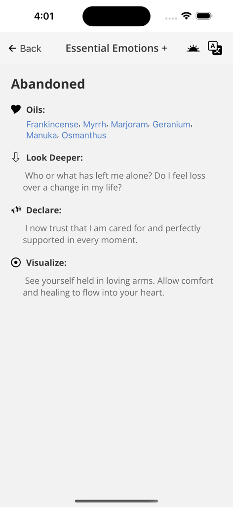 Screen from the Essential Emotions app showing essential oil recommendations and positive affirmations for the emotion Abandoned