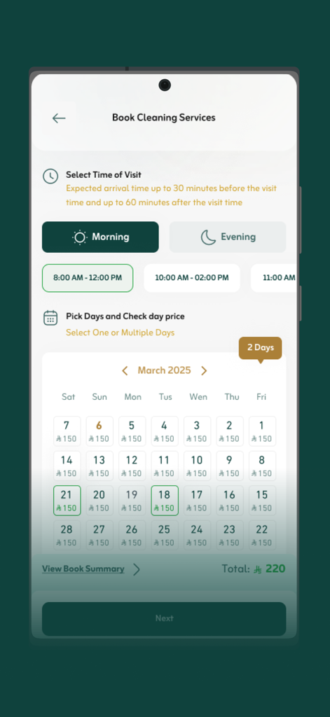 Maharah Services app screen for scheduling cleaning visits with time slots and a calendar