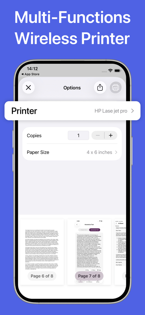 HP Smart Printer App & Scan • - 스마트폰에서 용지 크기 및 복사본을 포함한 무선 프린터 옵션을 보여주는 인터페이스
