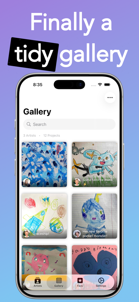 An iPhone displaying the Artbox app tidy gallery featuring organized photos of children's creative drawings and artwork