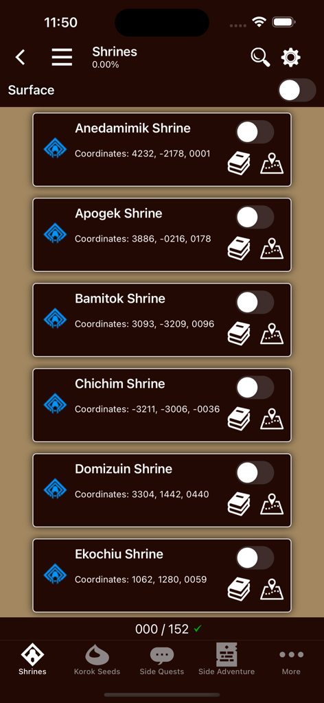 Tears Companion - A checklist of Zelda shrines in the Tears Companion app showing names, coordinates, and progress tracking.