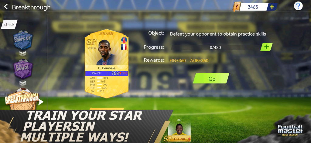 Menu screen showing options to train star players in the Football Master soccer game