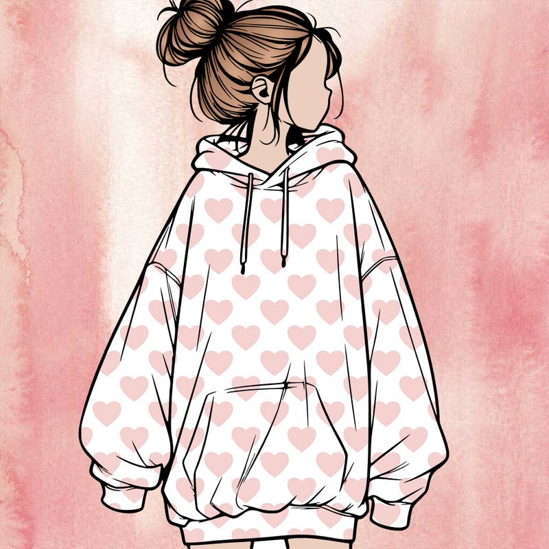 realistic girl with a oversized sweatshirt on and a bun