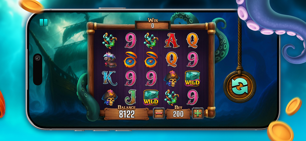 Super slot: mega game - Interfaccia di gioco di slot machine a tema pirata su uno schermo di telefono cellulare con simboli del tesoro ed elementi nautici.