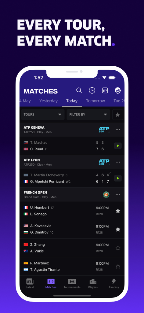 TNNS app interface showing live tennis scores and match schedules for ATP and Grand Slam tournaments
