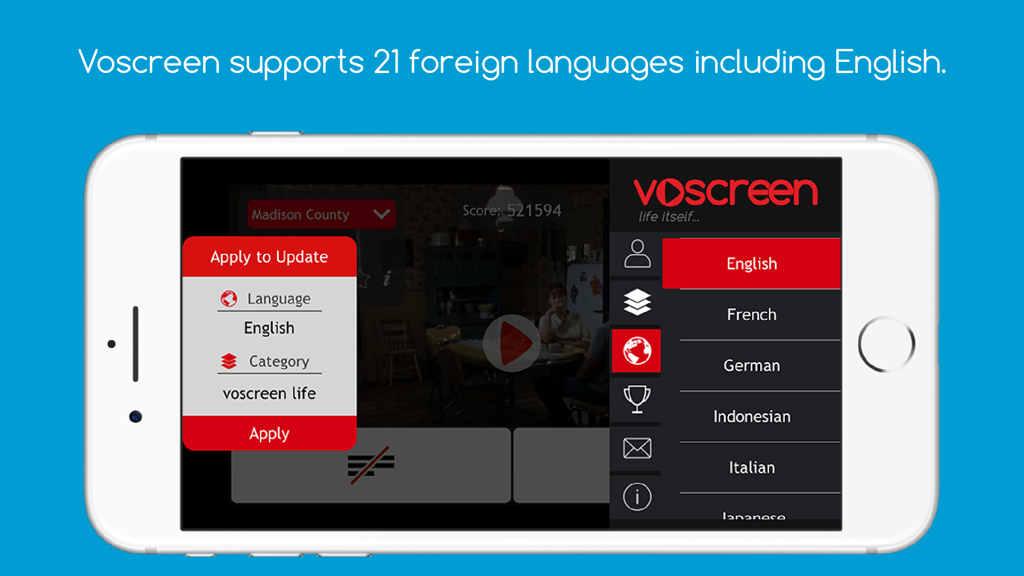 Voscreen - Learn English - Voscreen app screen showing a menu of 21 supported languages including English, French, and German.