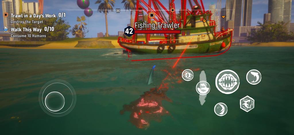 A shark swimming towards a fishing boat in the Maneater mobile game with on screen controls