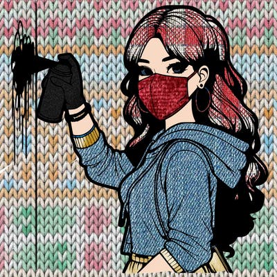 realistic girl with mask spray painting a wall