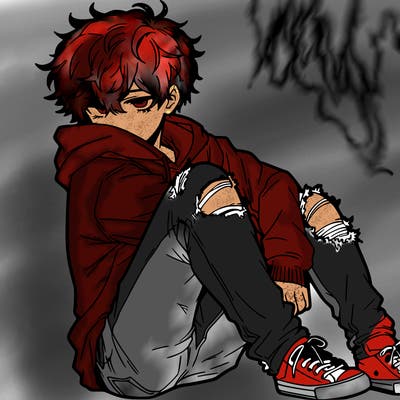 a male hoddie ripped jeans messy hair anime