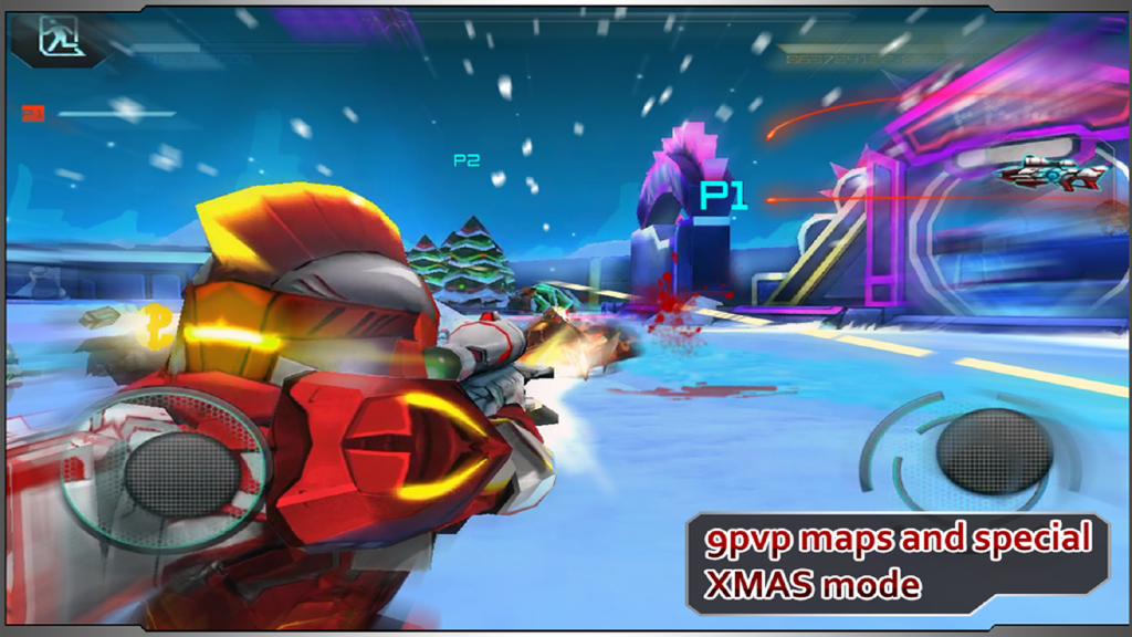 Star Warfare:Alien Invasion - A character in a red power suit in a snowy sci-fi pvp map during the XMAS event.