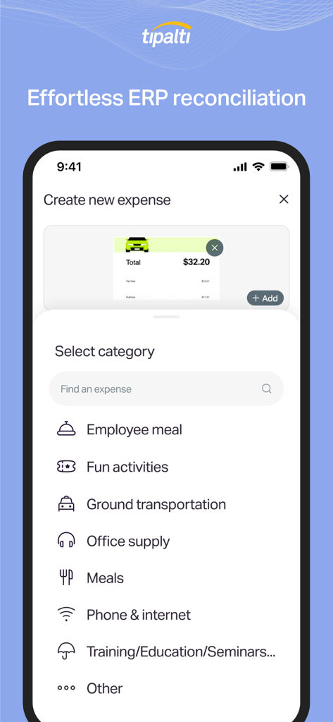 Interface do aplicativo móvel Tipalti Expenses para criar uma nova despesa e selecionar uma categoria