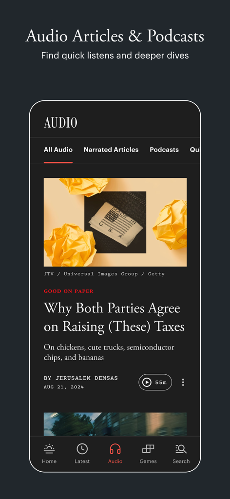 The Atlantic Magazine - A screenshot of The Atlantic app showing the Audio section with narrated articles and podcasts in a clean dark mode interface.