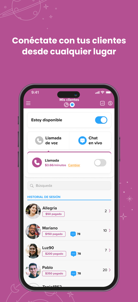 Interfaz de la aplicacion Psiquicos para Asesores mostrando el historial de sesiones y el estado de disponibilidad