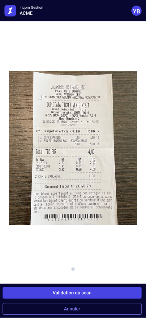 Inqom app interface showing a scanned receipt ready for validation