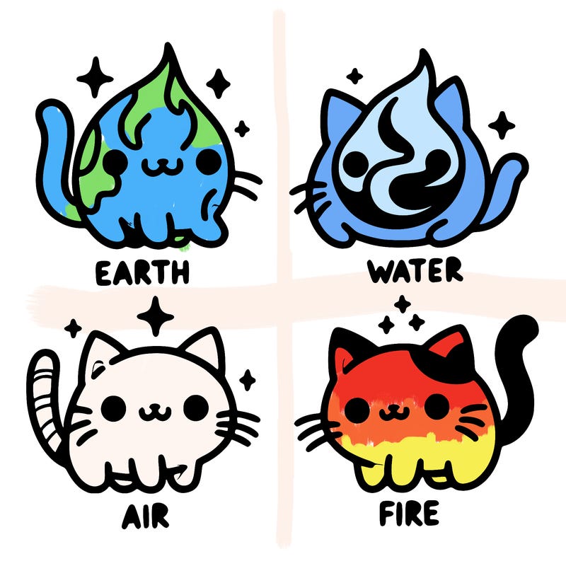 4 cats that represent the different elements, earth, water, air, and fire