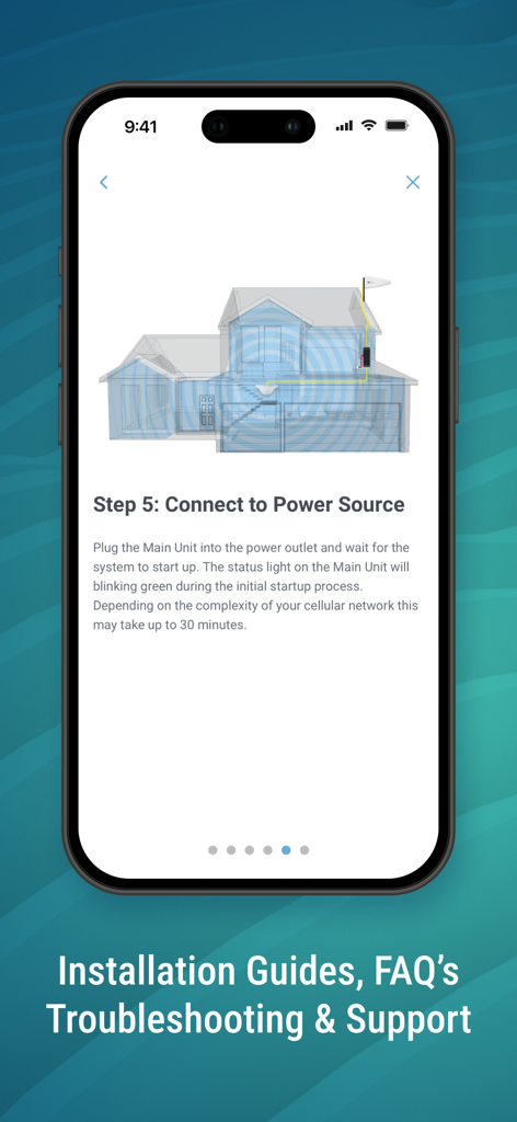 CEL-FI WAVE - Capture d'écran de l'application CEL-FI WAVE montrant un guide d'installation d'amplificateur de signal étape par étape avec un schéma de maison