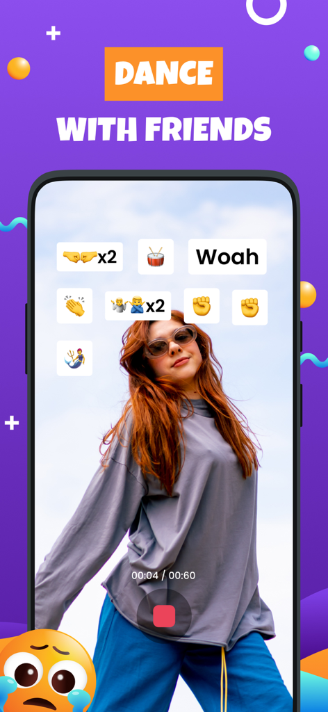 Emoji Craze: Funfest Filters - A young woman using the Emoji Craze app to record a dance challenge with emoji prompts