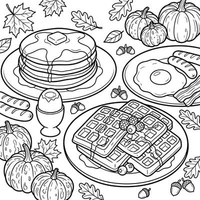 Immerse yourself in the comforting flavors and sights of autumn with this beautiful coloring page. Enjoy a lavish spread of classic breakfast and brunch favorites, surrounded by festive fall foliage and pumpkins.