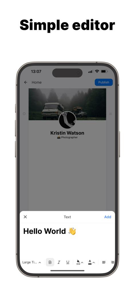 Link In Bio Websites - Mssg.me - Mssg.me mobile app interface showing a simple no-code editor for creating a personal bio website.