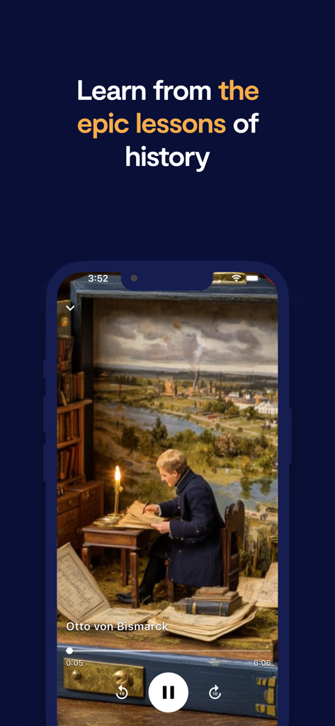 Epictok - A mobile phone displaying a historical video lesson about Otto von Bismarck with the heading Learn from the epic lessons of history.