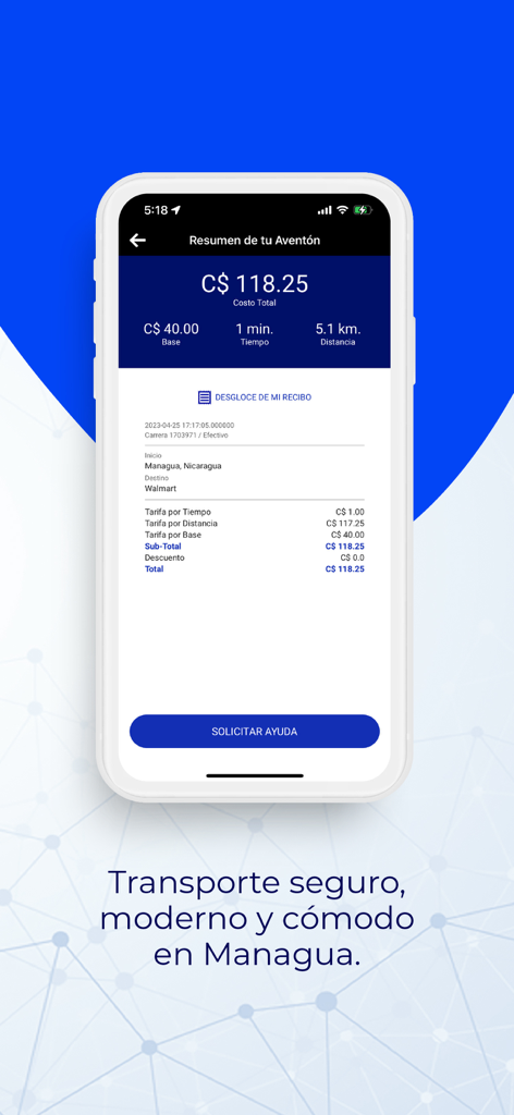 Aventón - Pantalla de resumen del viaje de la aplicación Aventon que muestra detalles del viaje y el desglose de la tarifa en español.