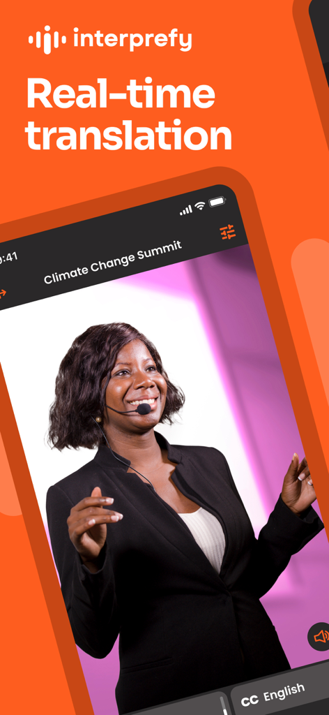 Interprefy app interface showing a speaker at a climate summit with real time English captions