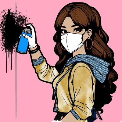 realistic girl with mask spray painting a wall