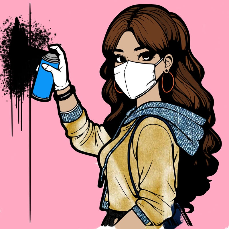 realistic girl with mask spray painting a wall