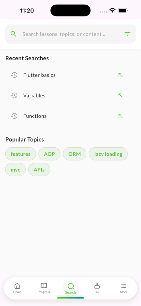 Suchbildschirm der Learn Spring Java Web Coding App, der beliebte Themen und kürzliche Suchen anzeigt.