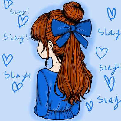 realistic girl  with hip length hair a bun and a big bow on the back of head